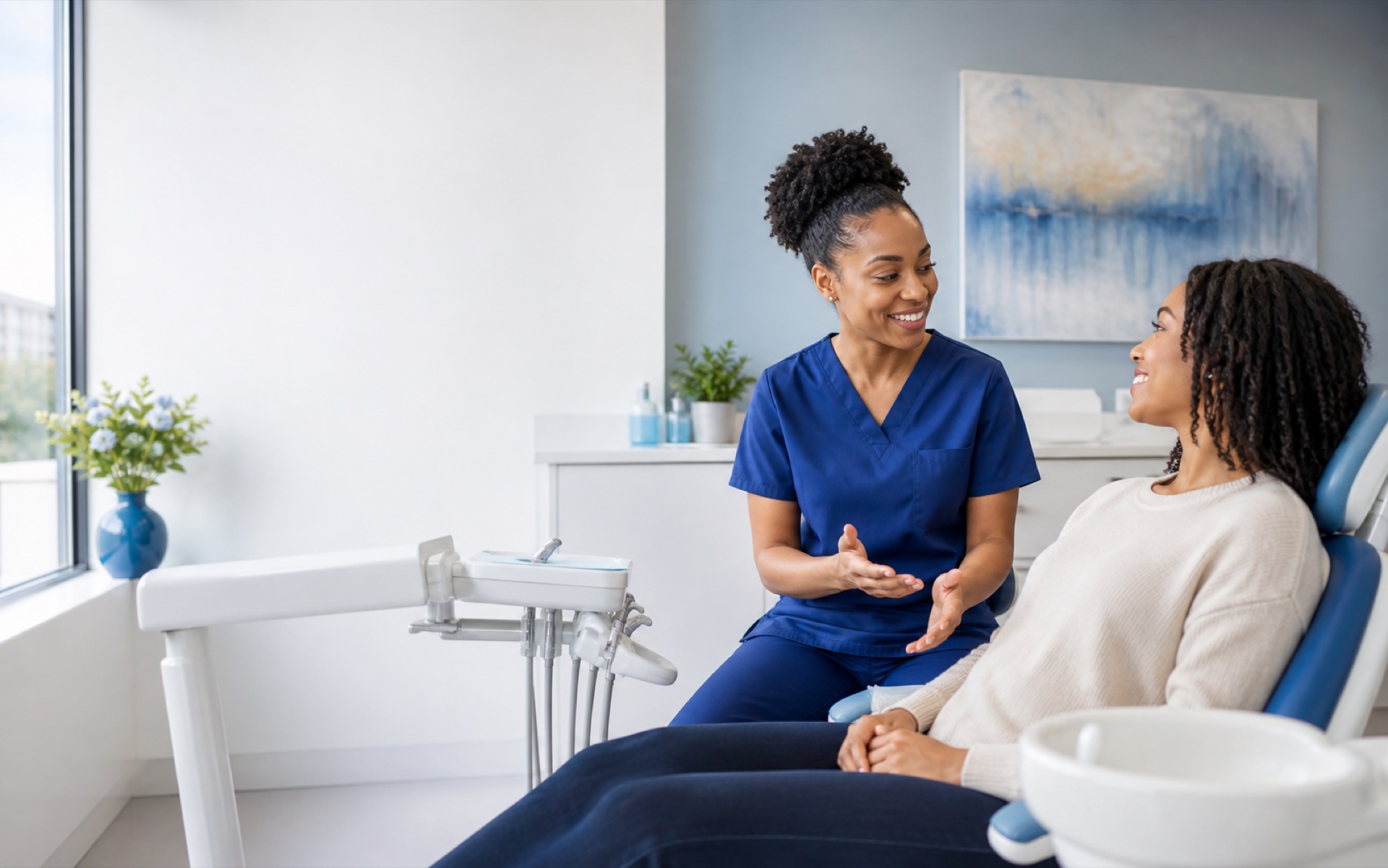 Dentist speaking with a patient in a comfortable modern clinic